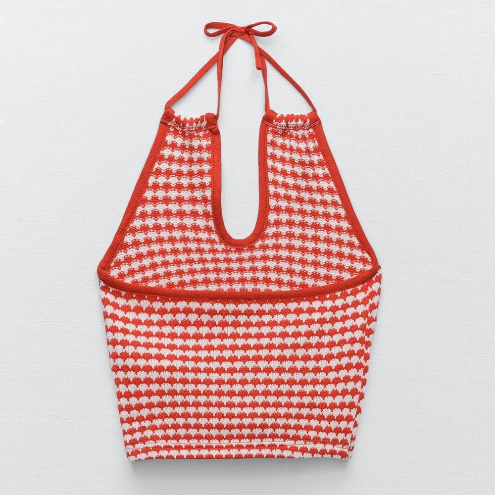 ZARA crochet halter tie crop top! Sleeveless red and white - Picture 3 of 11